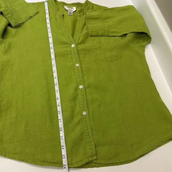 Vintage Talbots Linen Mandarin Collar Button Down Blouse Shirt | Green Leaf | L - Picture 9 of 10